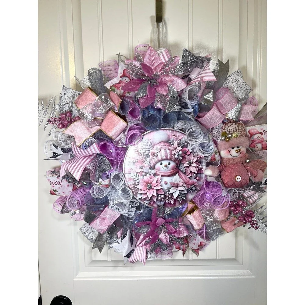 Handmade Pink Winter Snowman Holiday Ribbon Door Wreath 22 ins W80